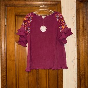 Umgee Purple Blouse with Colorful Embroidery